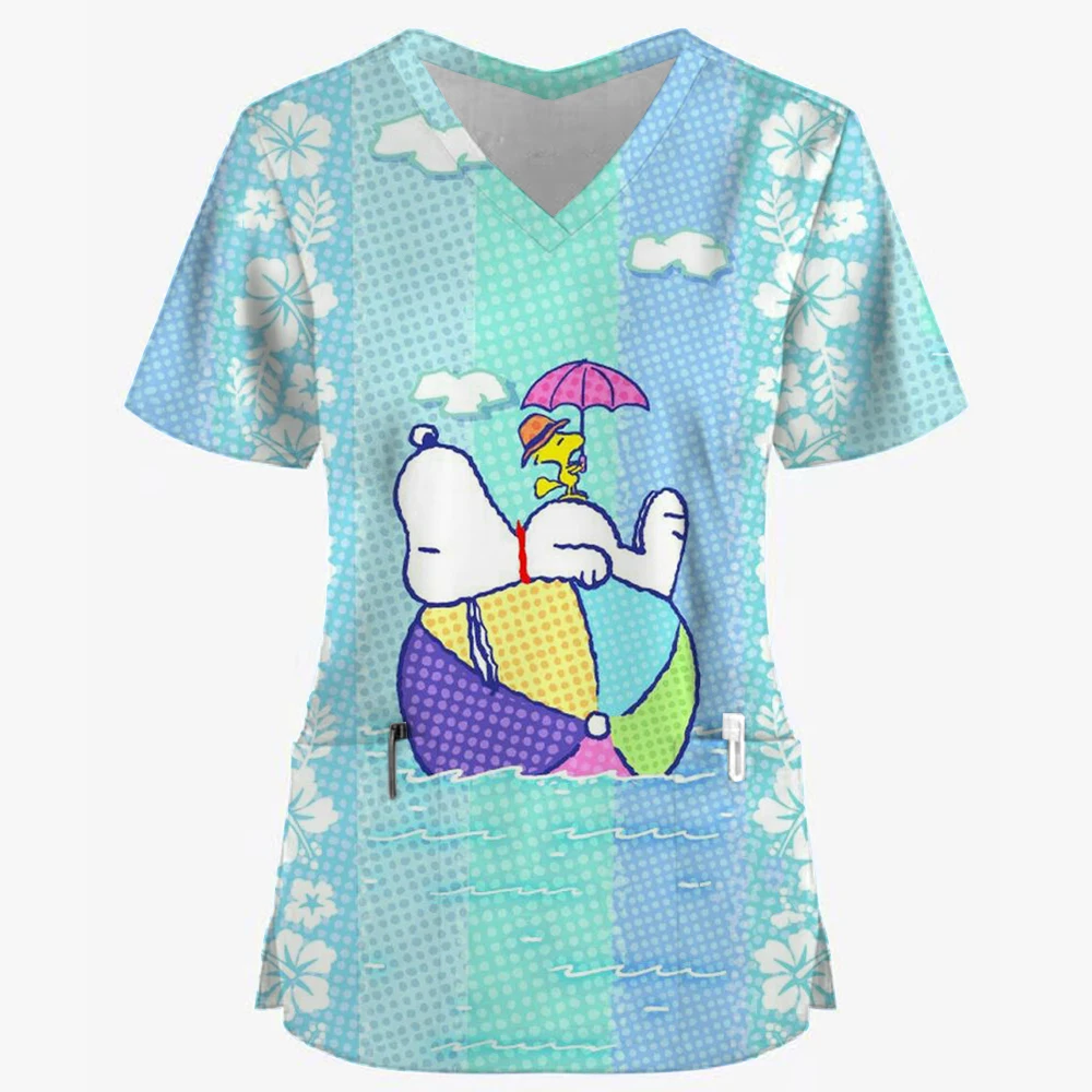 Women Working Uniform Snoopy print Cartoon Dog Short Sleeve V-neck Tops Femme Blouse Nurse work wear Medical Uniforms