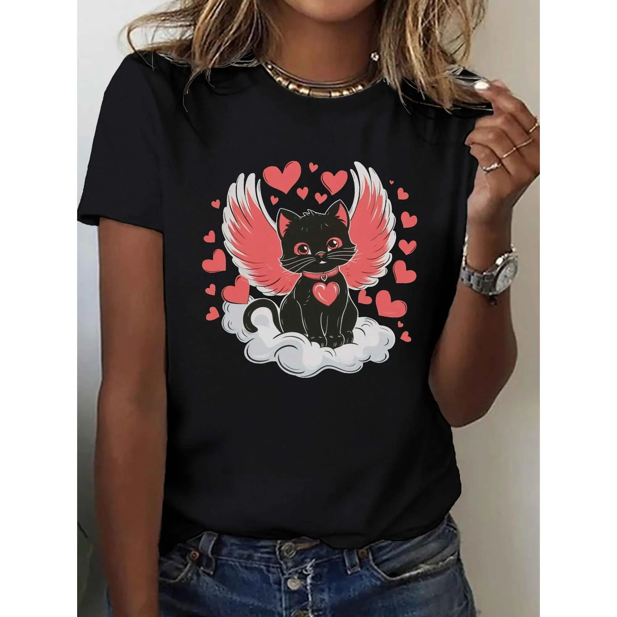 

Women's Cute Angel Cat T-Shirt | Valentine's Day Heart Kitty Graphic Tee | Romantic Pet Lover Gift Casual Top