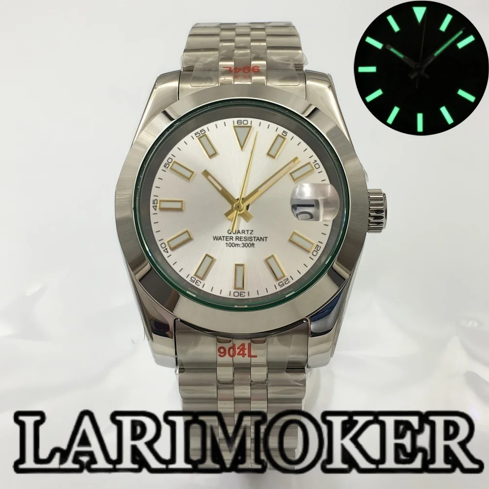 

LARIMOKER 36mm/39mm Ronda515-12h Quartz Watch Polished Bezel Green Sapphire Glass Black White Dial Lightning Hand Steel Bracelet