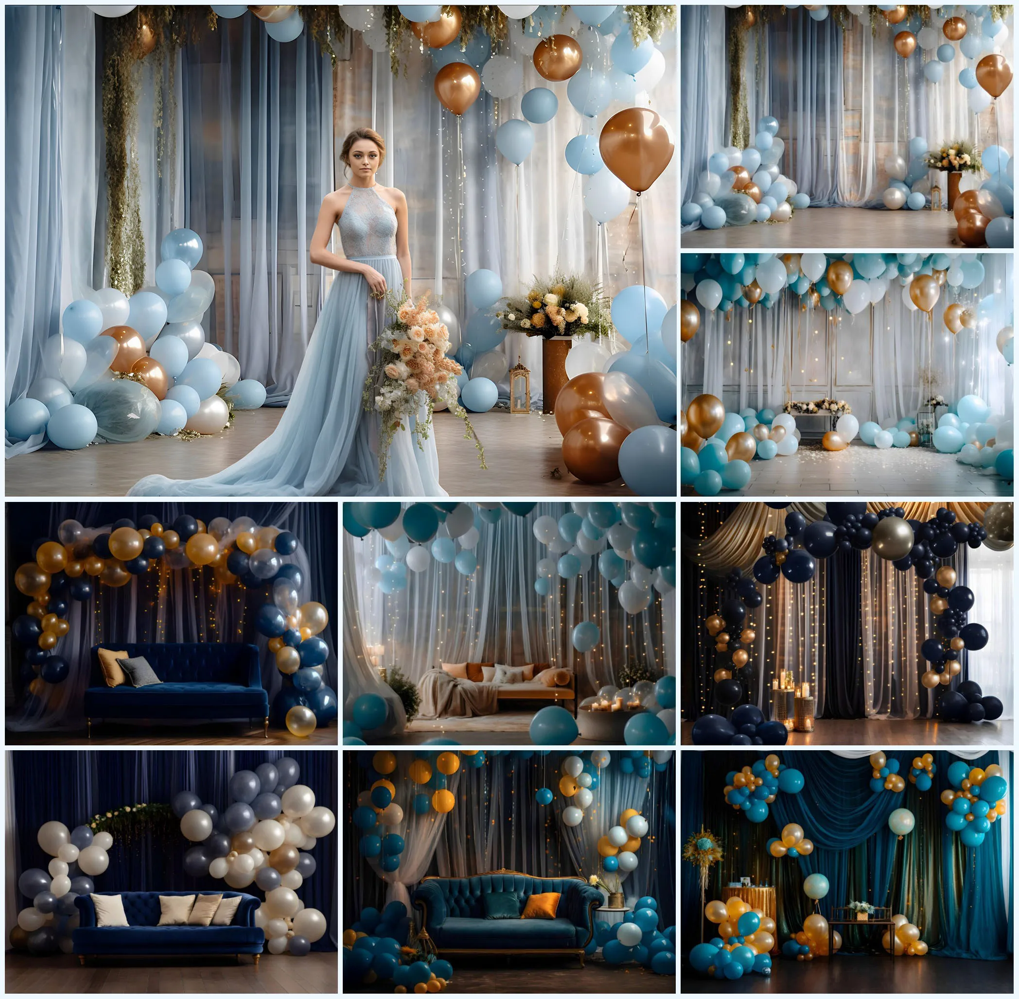 

Mehofond Photography Background Blue and Gold Balloons Vintage Indoor Wedding Portrait Photo Backdrop Photocall Props Photozone