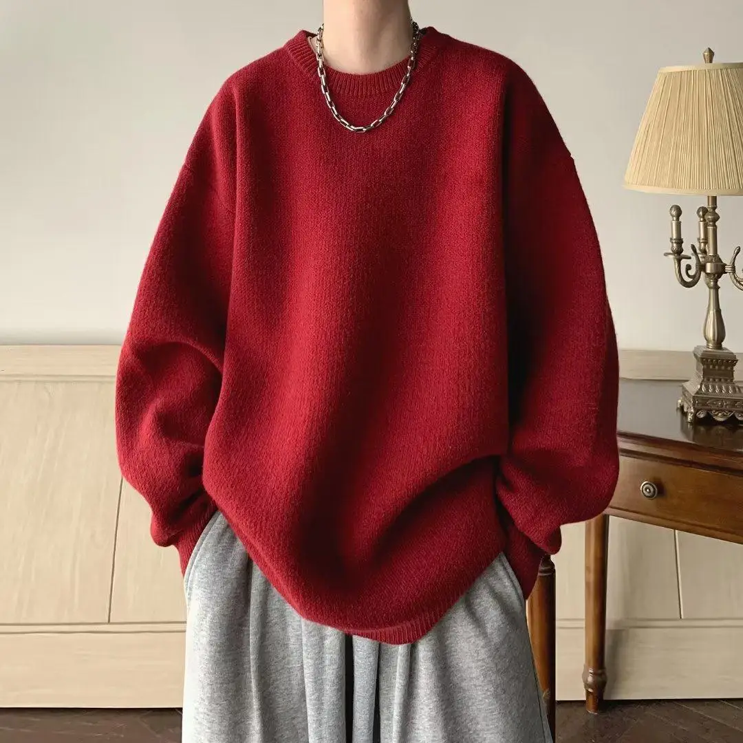 

Red Knitted Sweater Men's Lazy Sle Inner Red High-End Feeling Winter Casual Faion ABENUOR Youth Active Winter Long S...