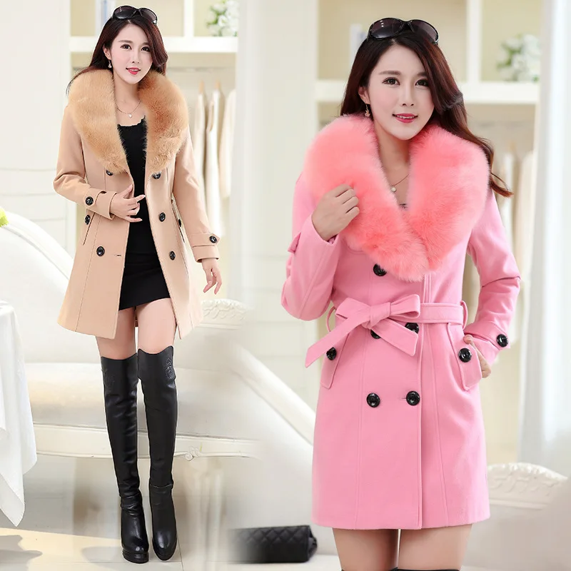 Size Woolen Female Plus 5xl 6xl Faux Fur Collar Korean Woman's Coat Ladies Coats Women's Clothing Casacos KJ210