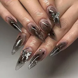 24pcs Long Stiletto Press on Nails Dark Black Butterfly Fake Nails Almond Fake Nails Sweet Cool Acrylic Nails Metal Y2k Nail Art