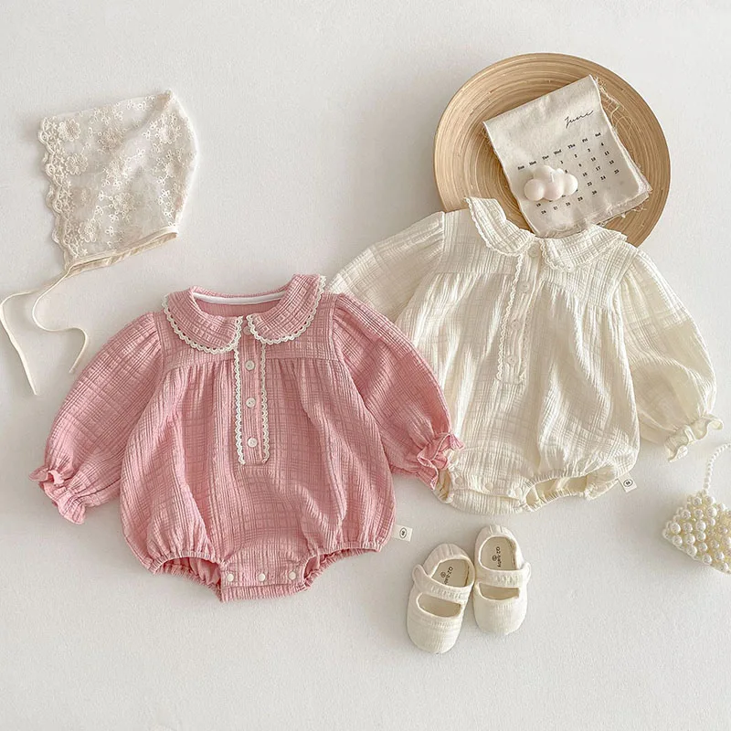 

2025 New Spring Infant Baby Girl Bodysuits Long Sleeved Cotton Solid Color Newborn Baby Girl Jumpsuit 0-24M Baby Girl Clothing