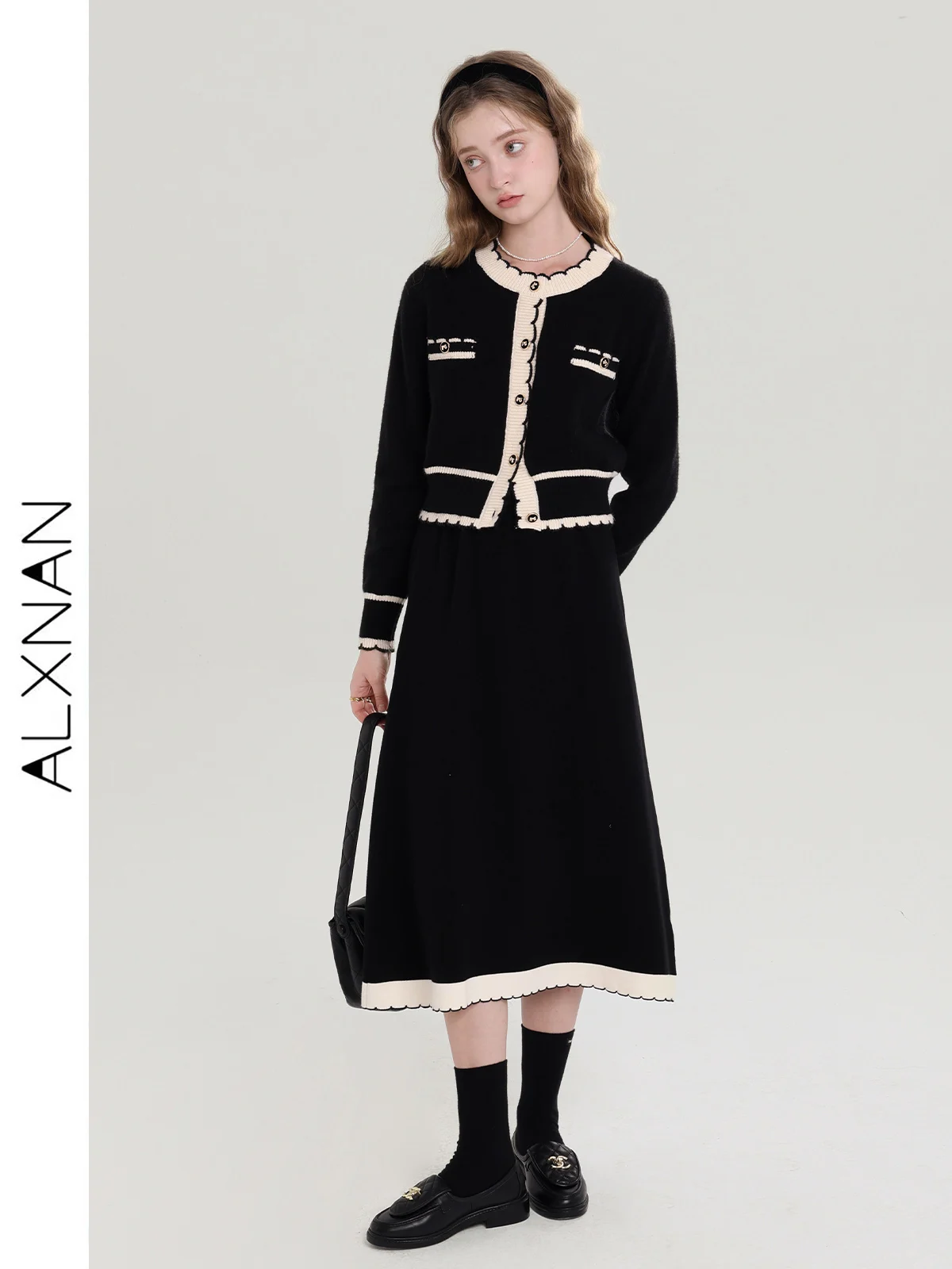 ALXNAN Vintage Jackets Women Black Tweed Cropped Coat Elegant Mid Skirt 2-piece Suit Casual Short Outerwear Sold Separate T00916