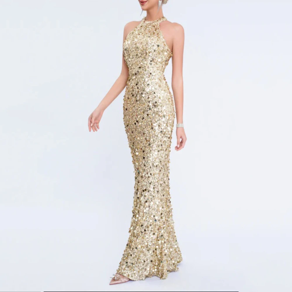 

Arya Elegant Evening Dresses Sequin for Floor-Length Halter Sleeveless Backless Prom Dress Mermaid Vestidos De Fiesta Customized