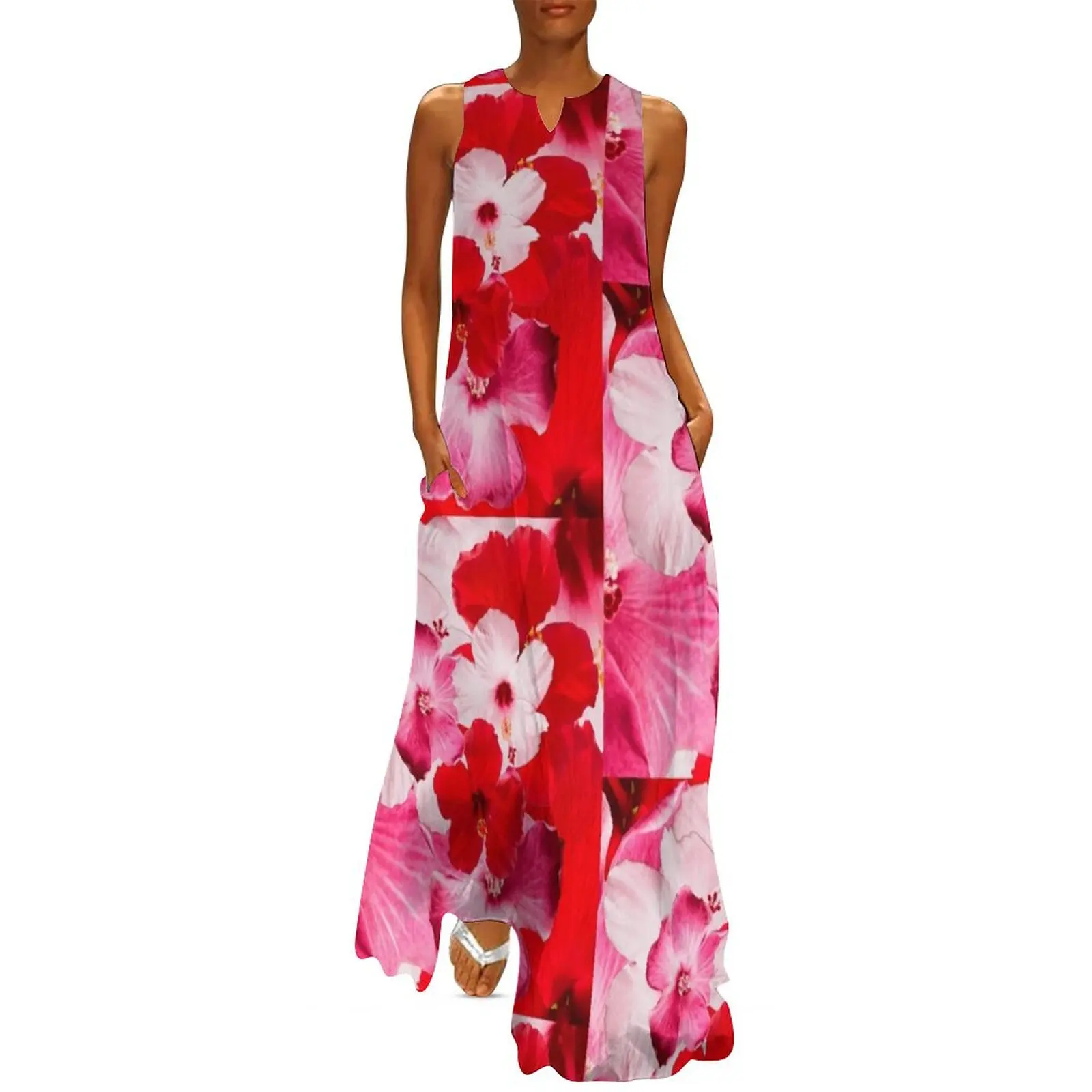 

Pink and Red Hibiscus Photograph Die Cut Hawaiian Flower Kaleidoscope Collage Long Dress fairy dress long dress women