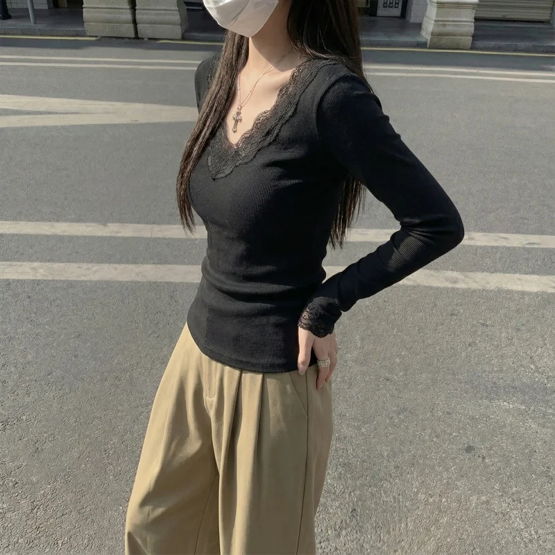 2026 Herbst Winter Damen T-Shirt V-Ausschnitt Spitzen-Top Weich Hautfreundlich Fleece-Gefüttert Langarm Thermo-T-Shirt für Layering – Detail 5