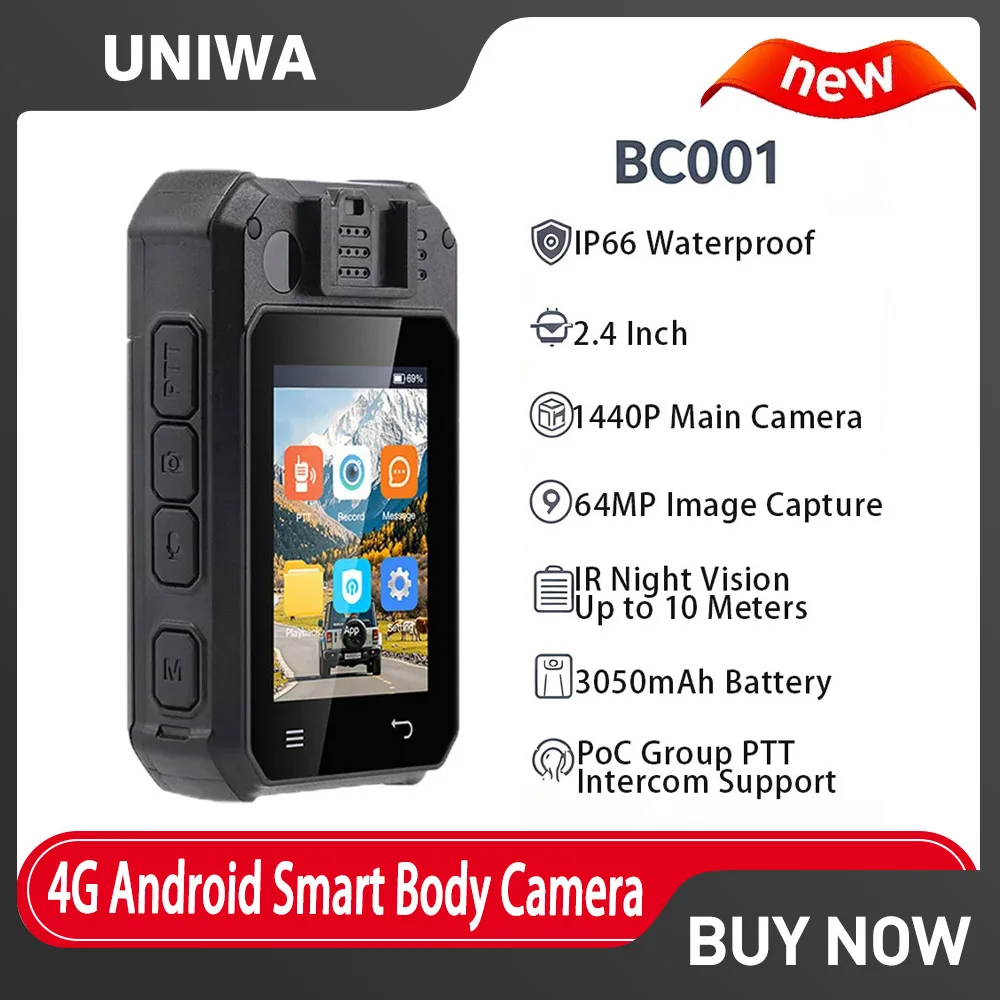 UNIWA BC001 2.4 Inch Touch Screen Octa Core Android Smart IP66 IR Night Vision Body Camera with PTT Wearable Portable Screen