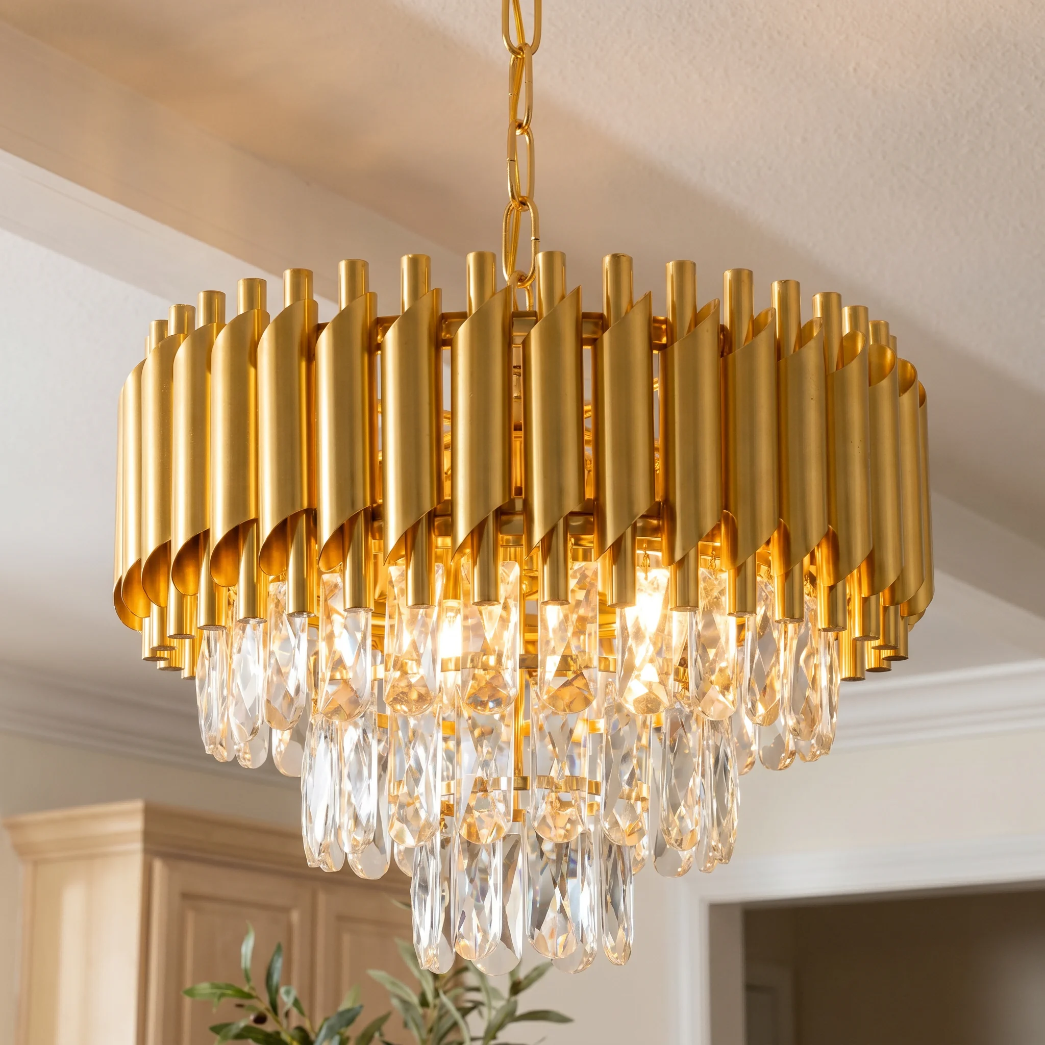 Moderner goldener Kristall-Kronleuchter, luxuriöser 3-stöckiger K9-Kristall-Kronleuchter für Esszimmer/Wohnzimmer/Kücheninsel/Schlafzimmer