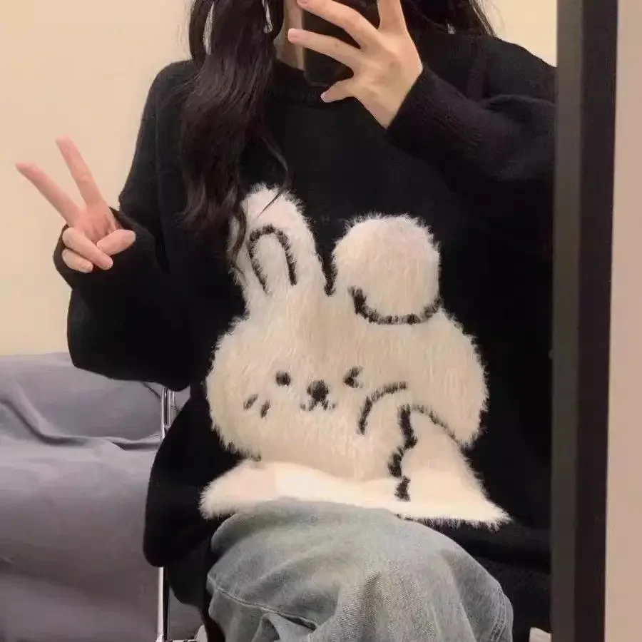 Gagaok Contrast Color Cartoon Rabbit Black Pullover Sweater Women Autumn Winter Long Sleeve Top Knitted Sweaters Pull Femme