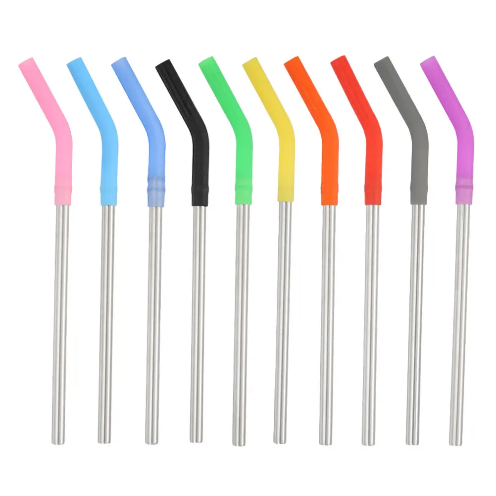10Pcs Stainless Steel Straws Set Lifetime Use Silicone Suction Nozzle Reusable Curved Straws for Smoothies Yogurt