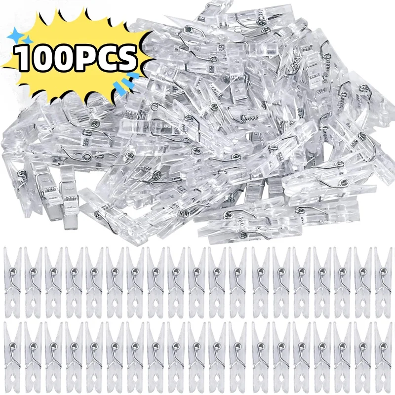 100PCS 25mm Mini Spring Clear Transparent Clips Clothes Photo Paper Peg Pin Clothespin Craft Clips Party Home Decoration