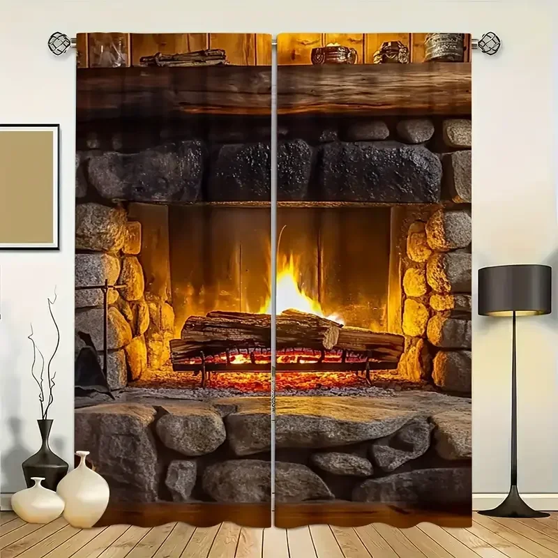 Realistic Fireplace Curtain Backdrop for Home Decor Living Room Rustic Stone Mantel Window Curtain