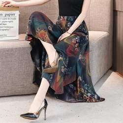 New Summer Pants Women Causal High Waist Ice Silk Print Wide Leg Pants Middle Aged Elderly Mother Loose Cotton Silk Trousers 5XL