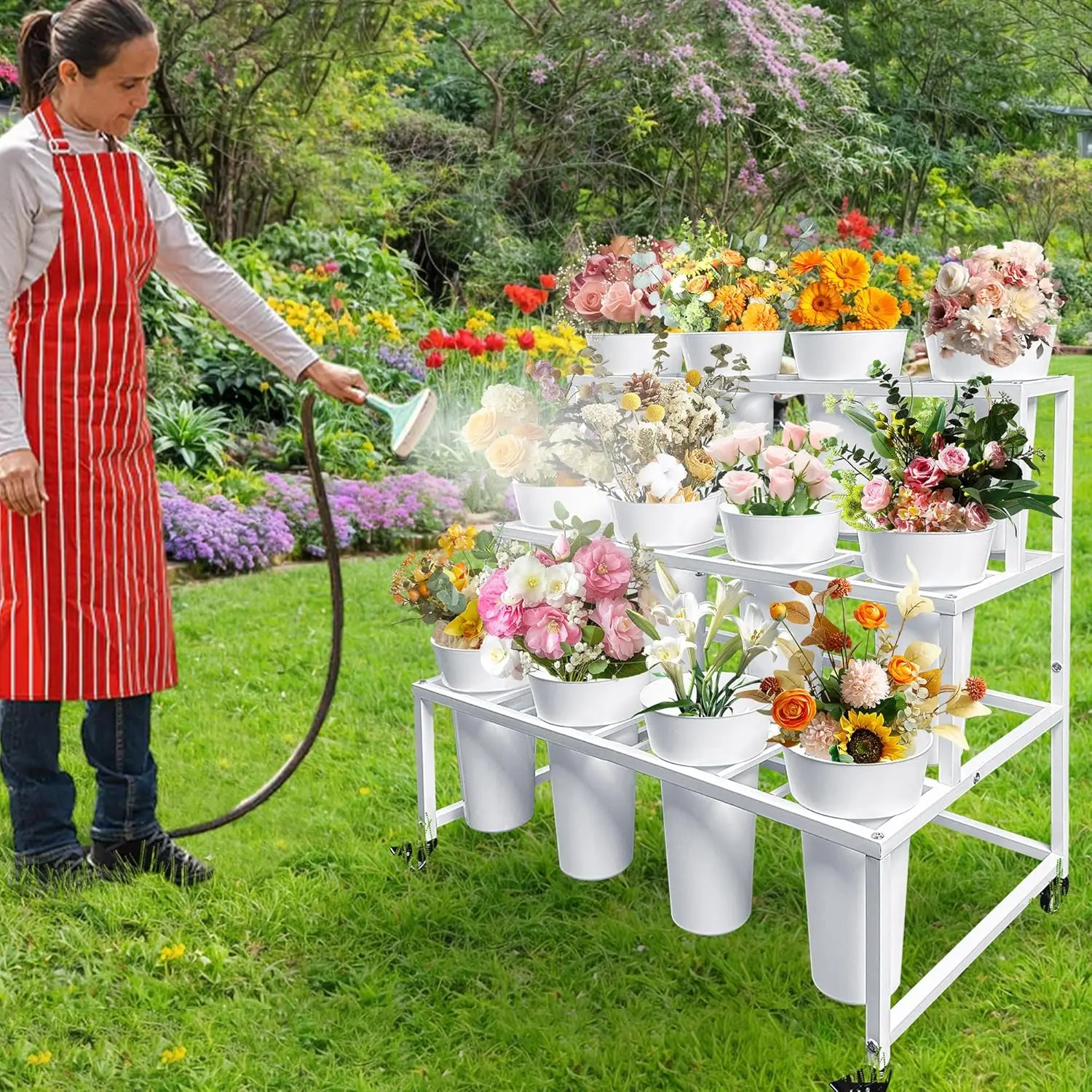 

Подставка для цветов с 12 ведрами, Подставка для цветов на колесиках, Цветочная тележка, Подвижная полка для букета флориста, Прямоугольная, Черная
