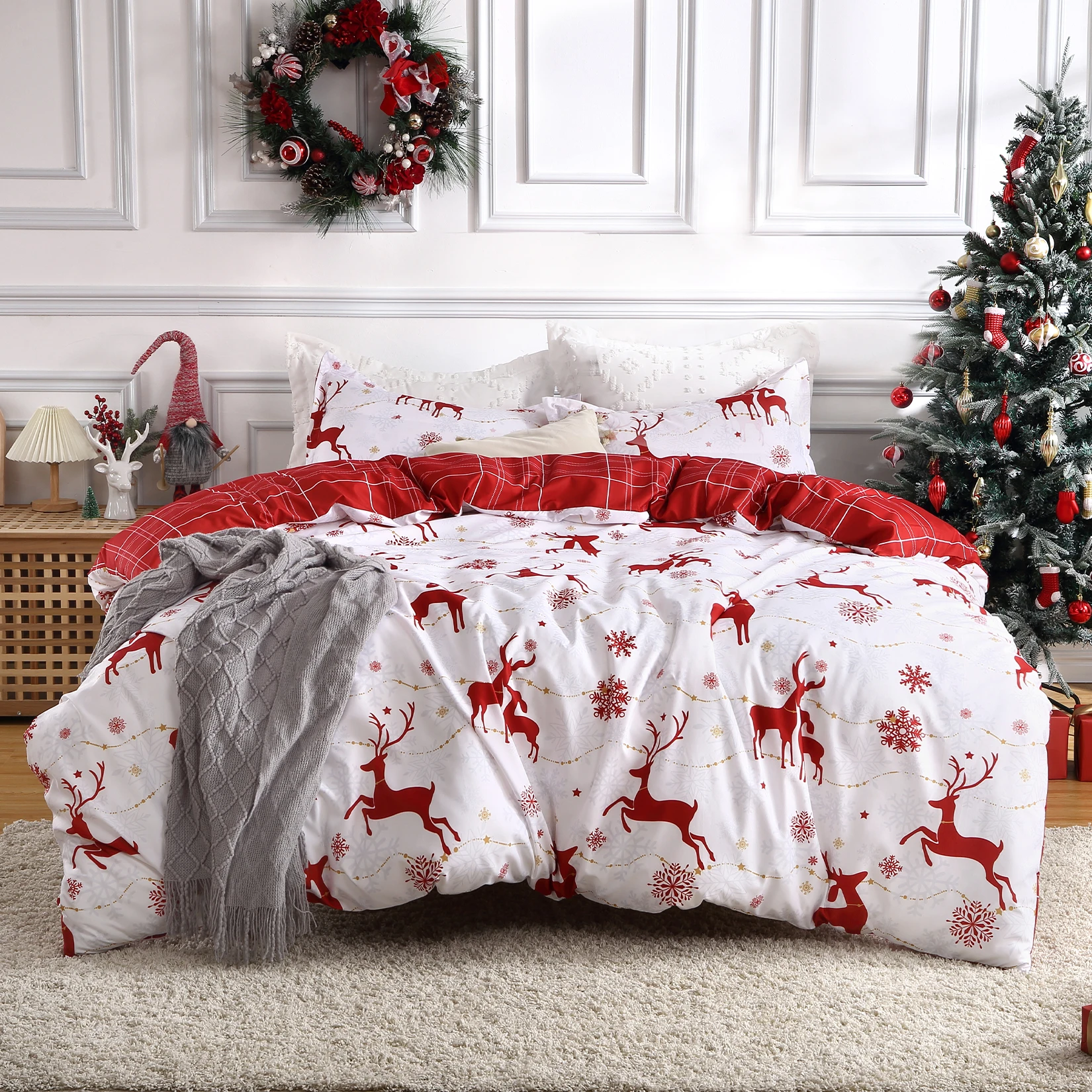 Christmas Duvet Cover Reversible Printed Comforter Cover Set Christmas Holiday Decorative Bedding Soft Microfiber Red Duvet 2Pil