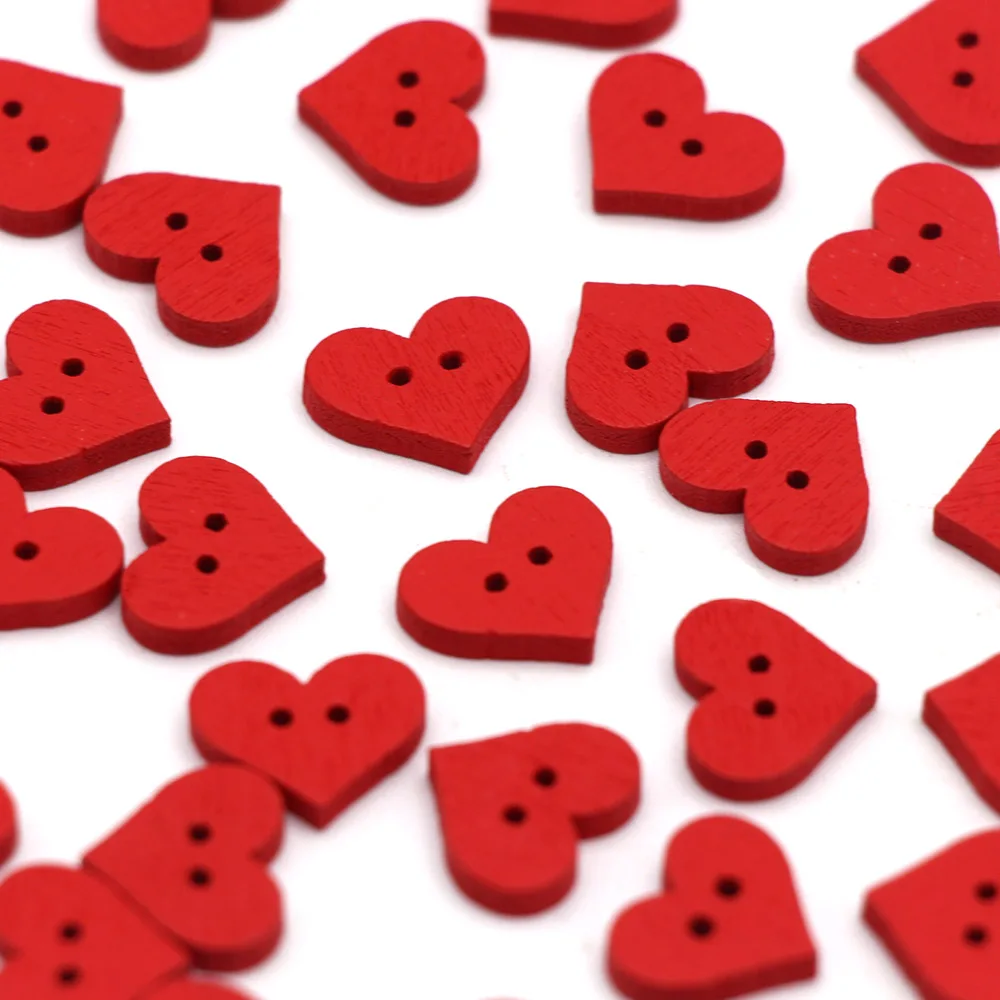 50Pcs Red Heart Decorative Button 2-Holes Wooden Buttons for Clothing Love Craft Supplies DIY Bags Sewing and Needlework 15x13mm