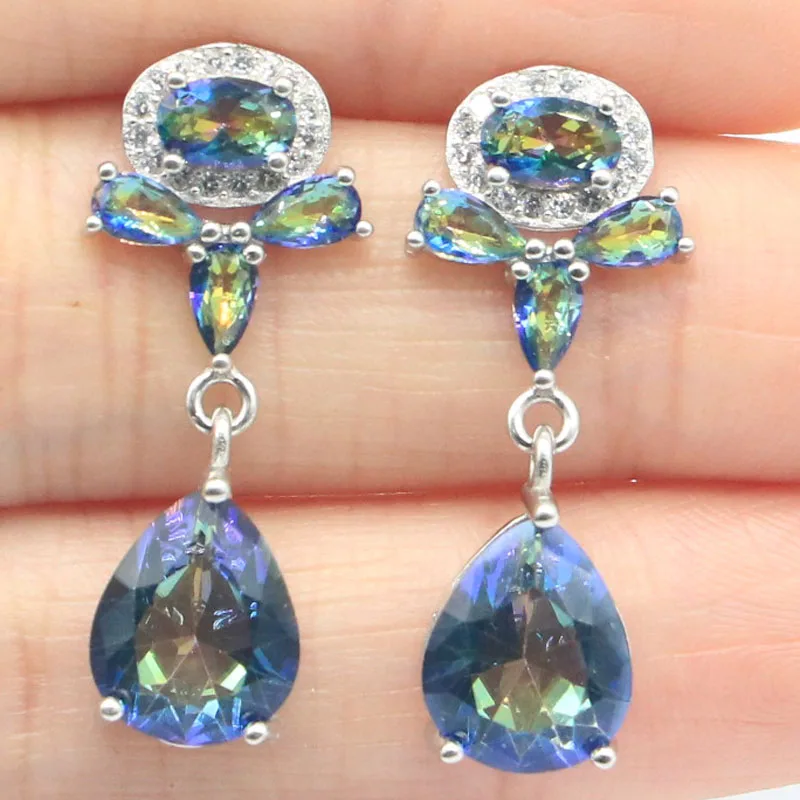 29x12mm Dazzling 4.5g Fire Rainbow Mystic Topaz London Blue Topaz White CZ 925 Solid Sterling Silver Earrings