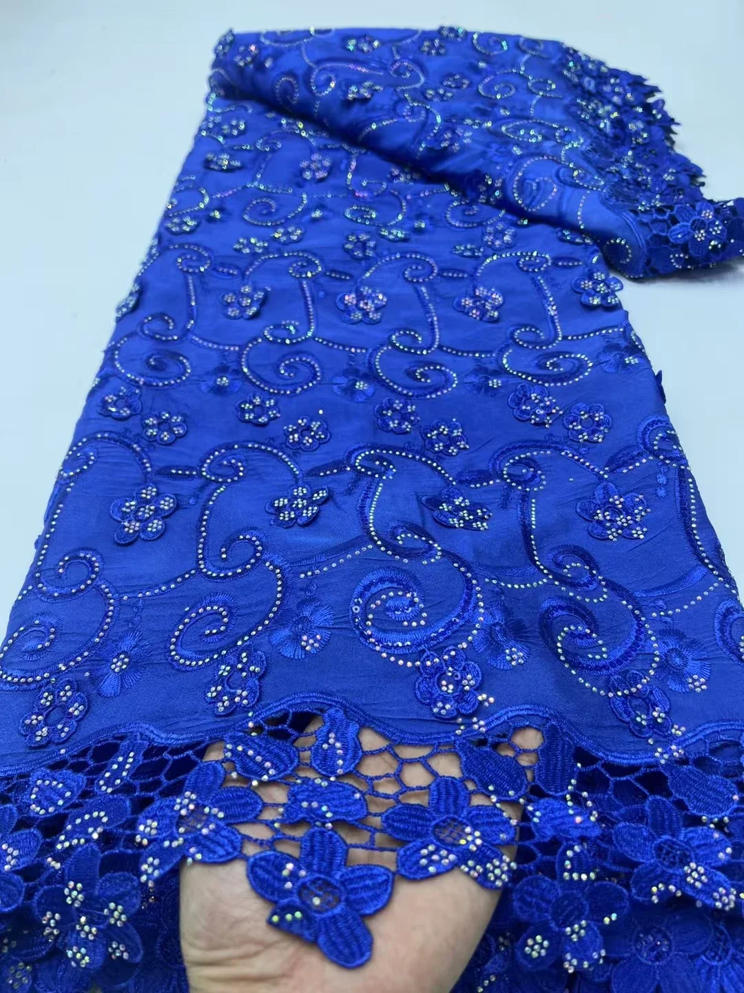 2025 High Quality Stones Laser Royal Blue African Cord Lace Fabric Nigerian French Guipure Lace Fabric For Women Dress PR25118