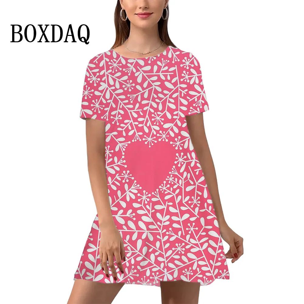 

Summer Fashion Cute Lover Heart Print Dresses For Women 2024 Short Sleeve Plant Flowers Loose Dress Plus Size Casual Mini Dress