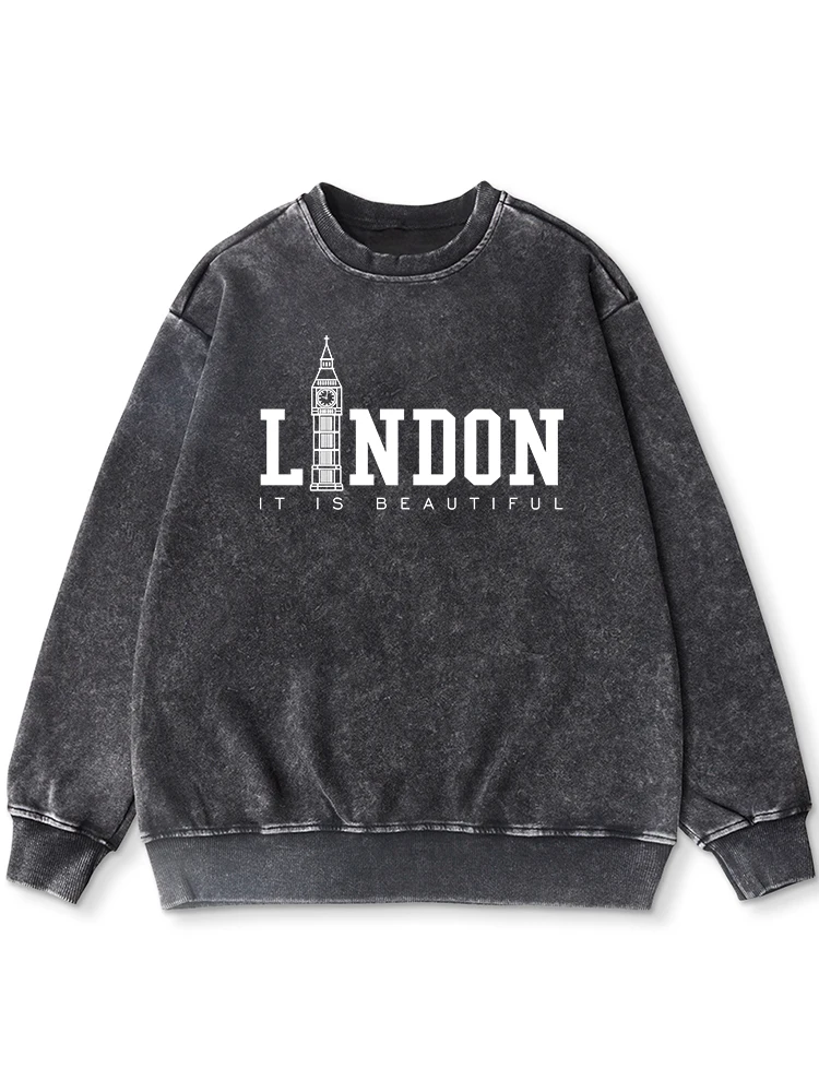 London It Is Beautiful Print Distressed Cotton Women Soft O-Neck Sweatshirt Warm Comfortable Hooded Autumn Versatile Washed Tops