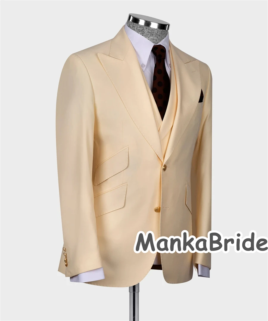 Smoking De Casamento De Botão De Ouro, Ternos Do Noivo Para Casamento, Festa De Baile, Blazer Colete e Calças, Conjunto De Terno De Homem Formal, Clássico, Bege, 3Pcs