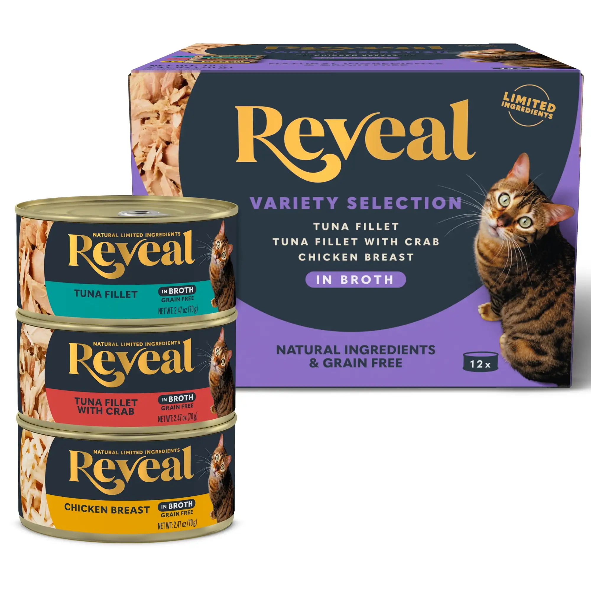 

Reveal Natural Wet Cat Food, Fish & Chicken in Broth Variety Pack, 12 x 2.47 oz Cans