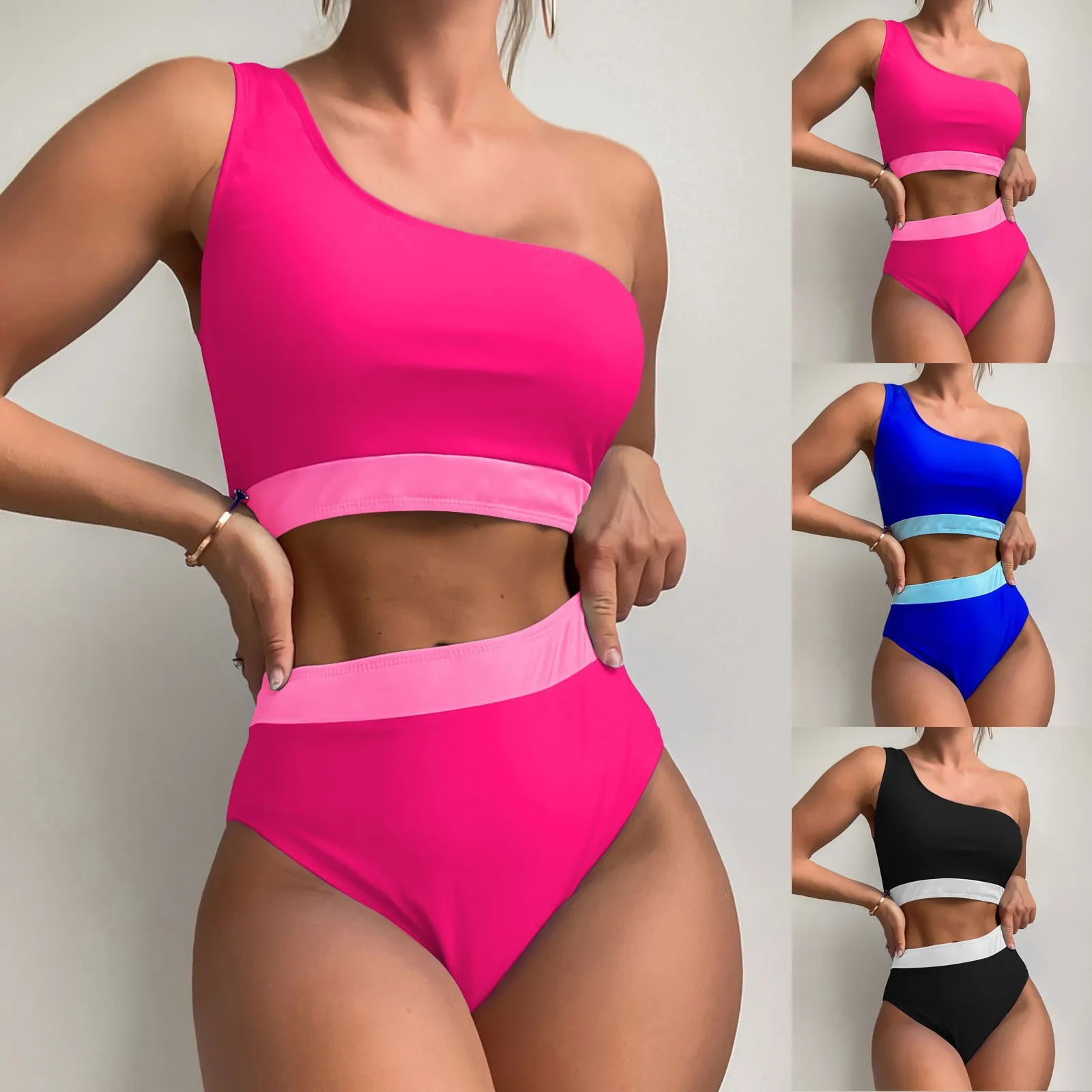 

Women's New Colored One Shoulder High Waist Sexy Bikini Split Swimwear Set Micro Bikinis Sexy swiming