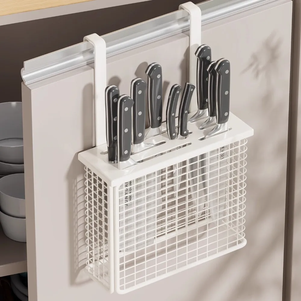 

Wall Mounted No Drill Cabinet Organizer Inner Outer Hanging Basket Storage Rack for Kitchen Knives Utensils and Gadgets