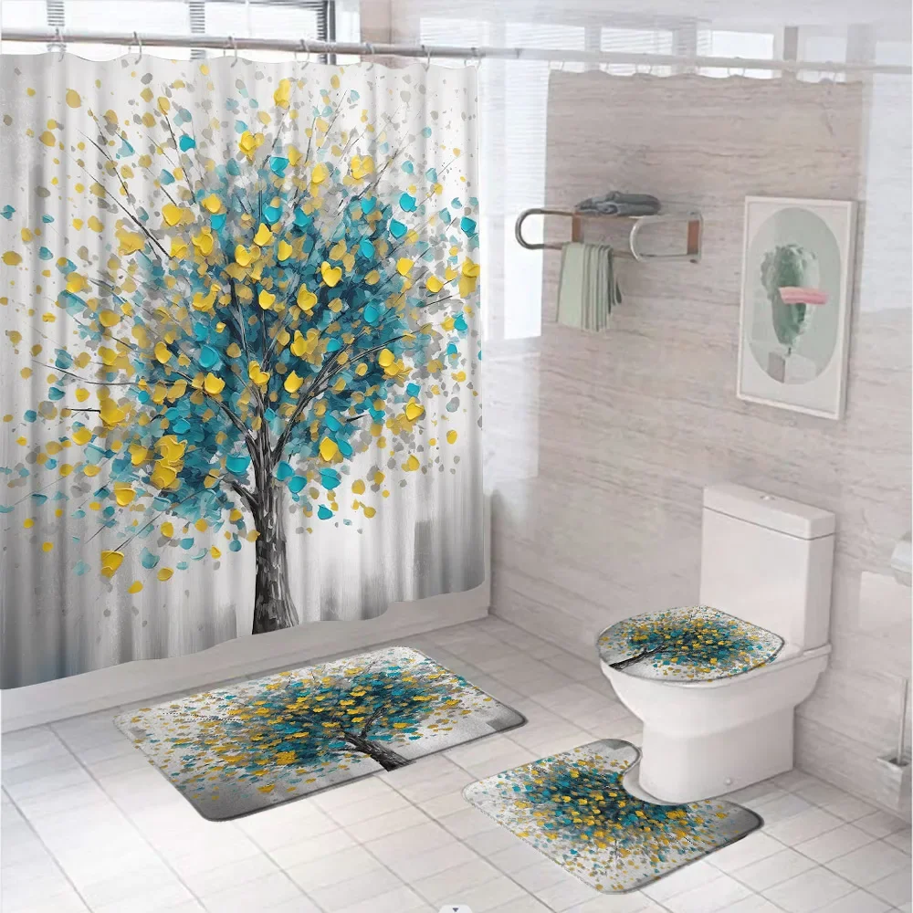 Oil Painting Tree Flower Shower Curtain Set Nordic Art Fabric Bathroom Curtains Anti-slip Bath Mat Toilet Lid Cover Carpet Rug