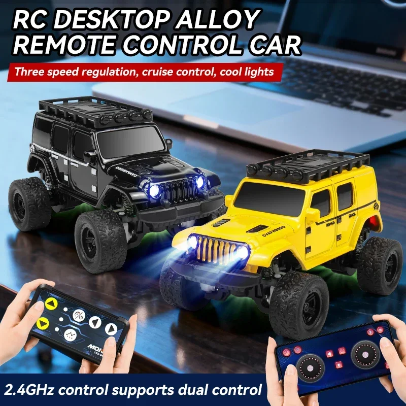  ZWN 1:64 RC Mini Desktop Alloy Car With LED Lights 2.4G Cruise Remote Control Car Off-road Climbing Vehicle Toy for Kids Gift