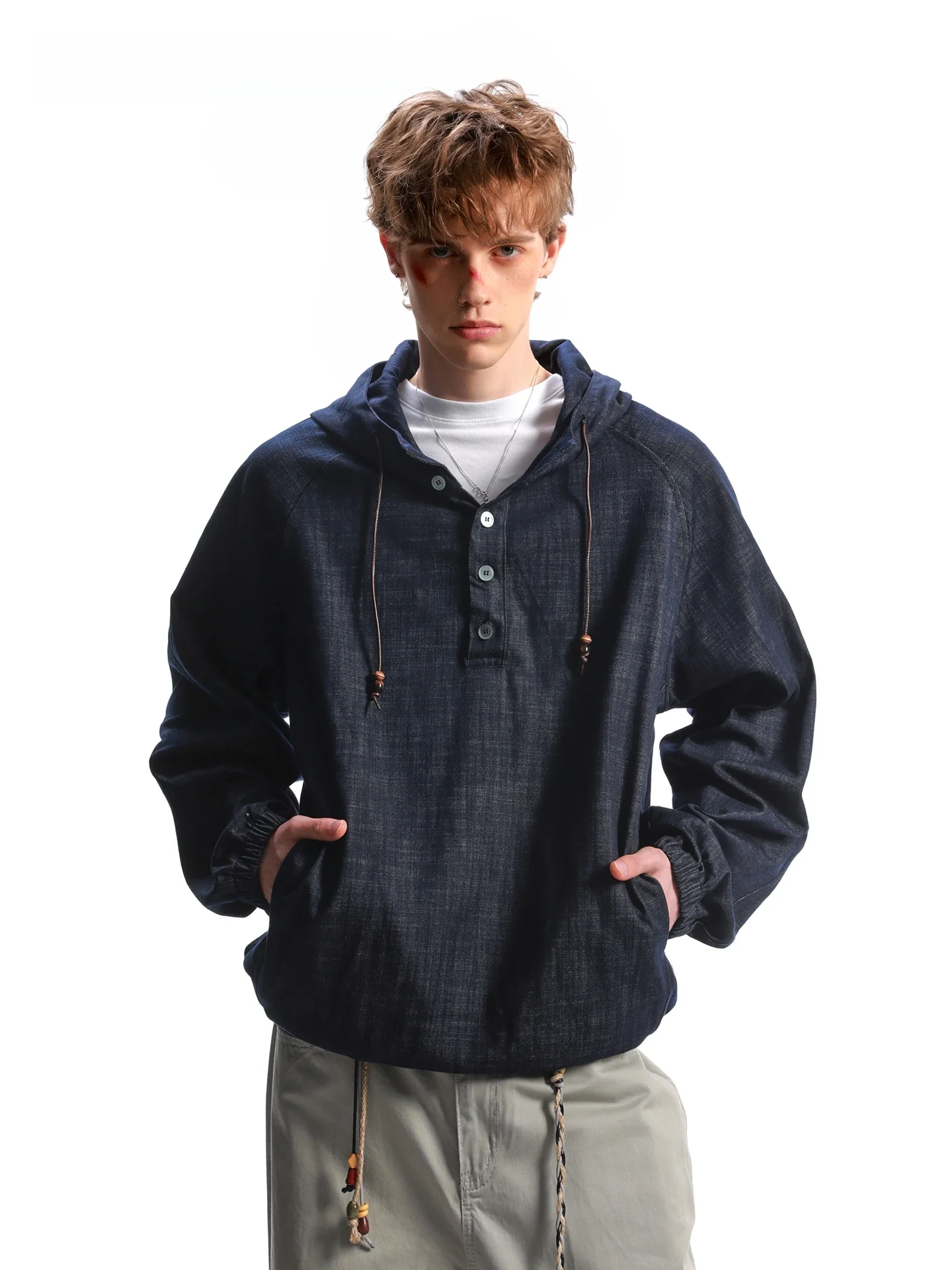 SDMADE American Retro Denim Hoodie Sweatshirt Men's Autumn Versatile Half Open Front Pull over Long Sleeve Hooded Jacket