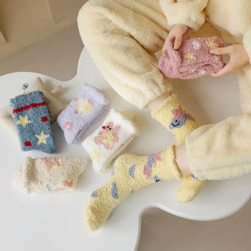 Women Socks Winter Warm Fluffy Fuzzy Cute Middle Tube Thick Thermal Soft Coral Fleece Floor Sleep Cartoon Star Short Crew Socks