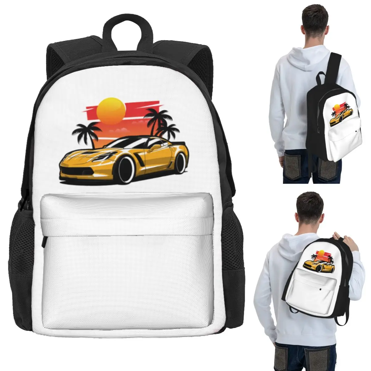 

Yellow Corvette Z06 Sunset Palms Student Backpack School Bag Hiking Travel Daypack for Men Women Bookbag Shoulder Bags