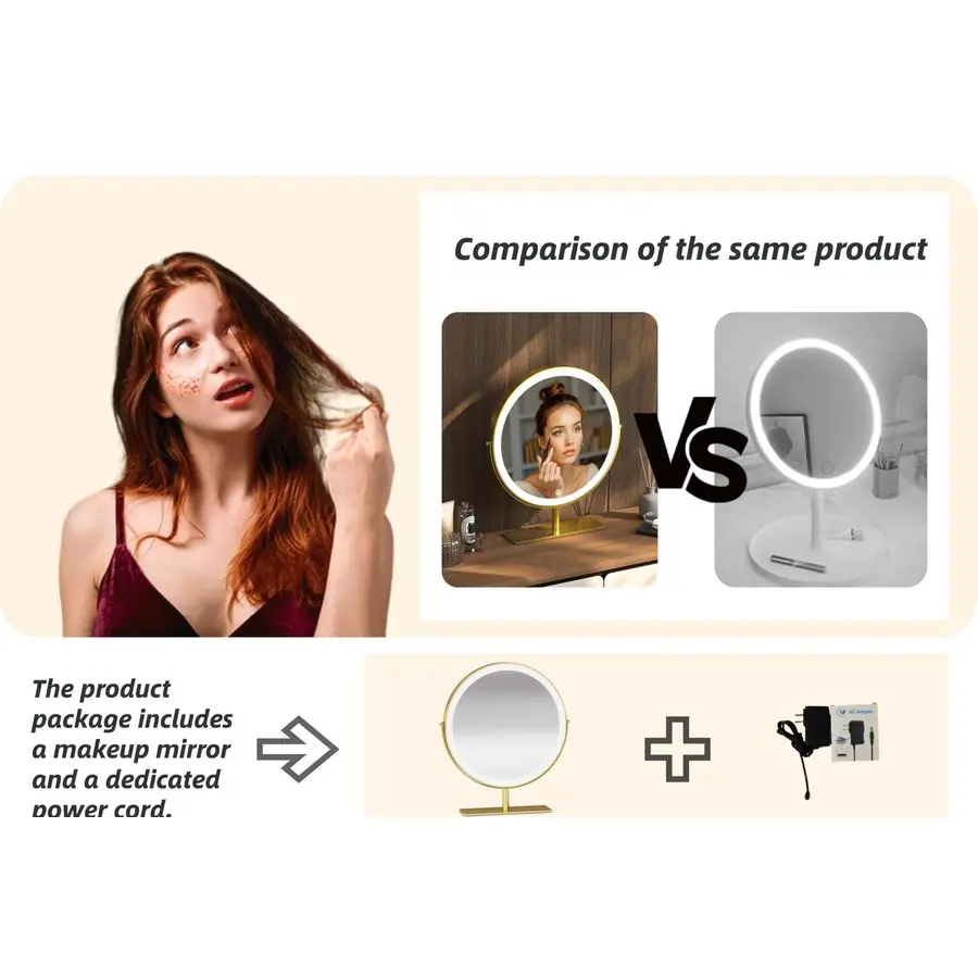 Espejo de maquillaje con soporte, espejo de tocador redondo 15,8, luces LED, rotación Smart Touch 360, regulable blanco dorado