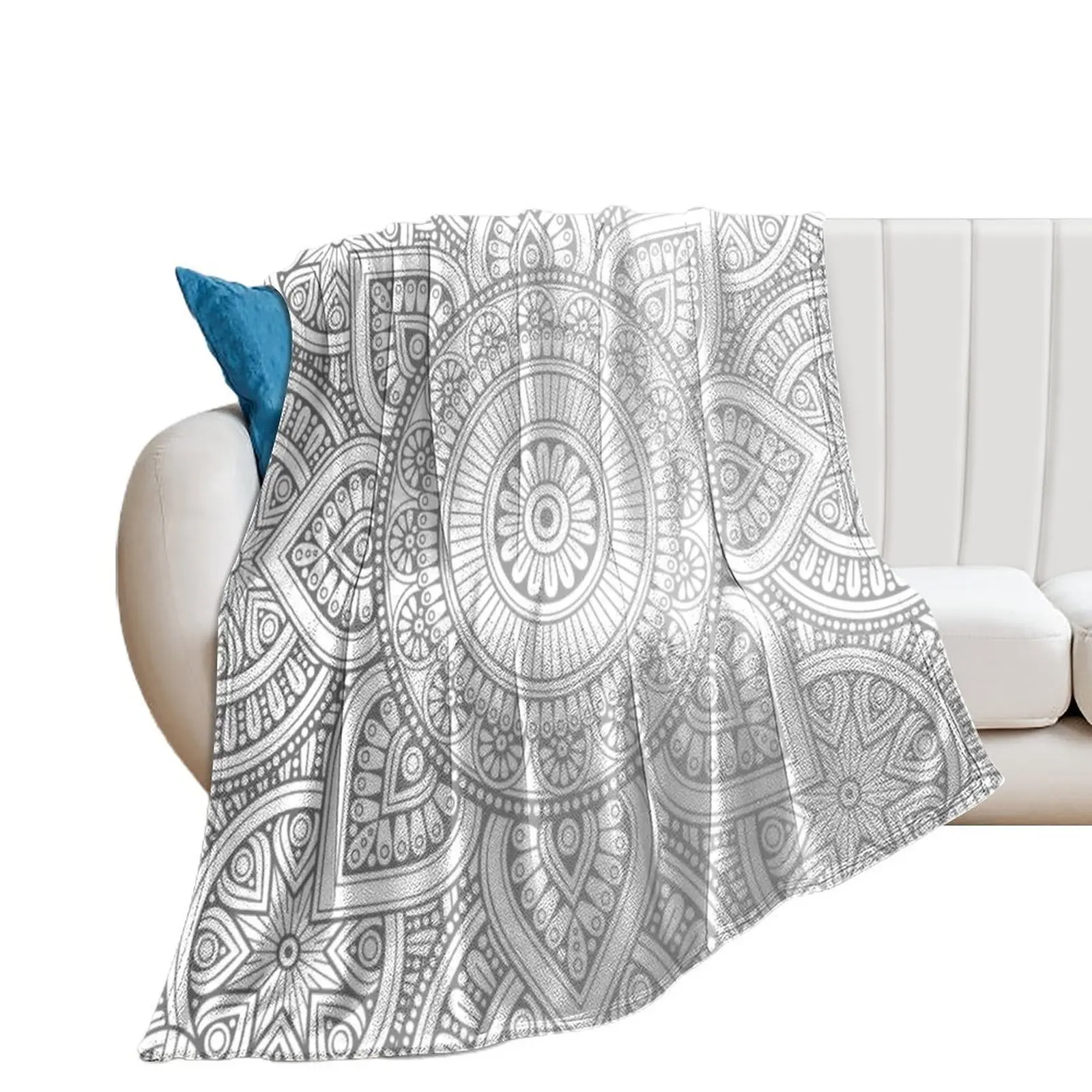 

Silver Mandala Pattern Illustration Throw Blanket Plaid on the sofa Bed Fashionable Cute Plaid Blankets