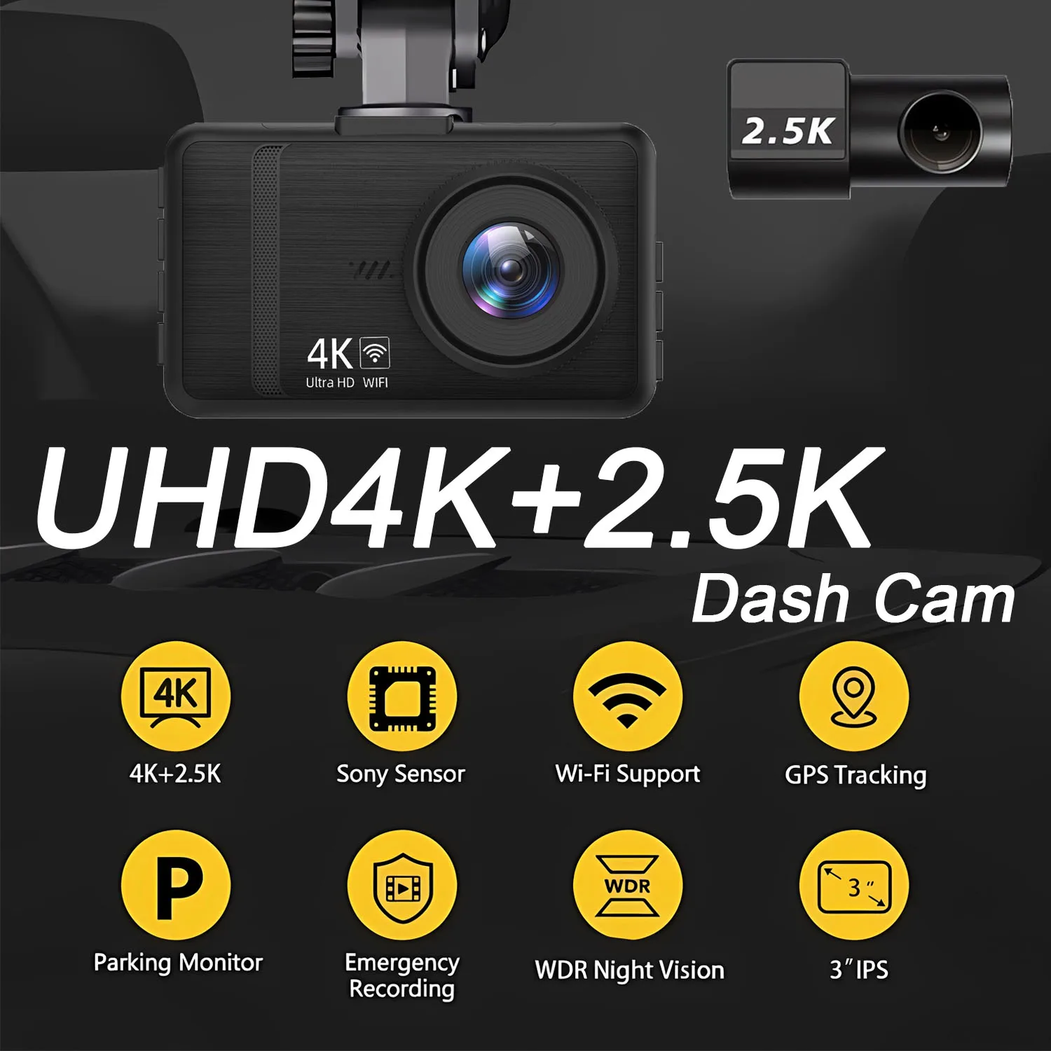 4K 3840*2160P Dash Cam Front And 2.5K Rear WiFi GPS Dash Camera for Cars With 24H Parking Monitor WDR Night Vision Black Box