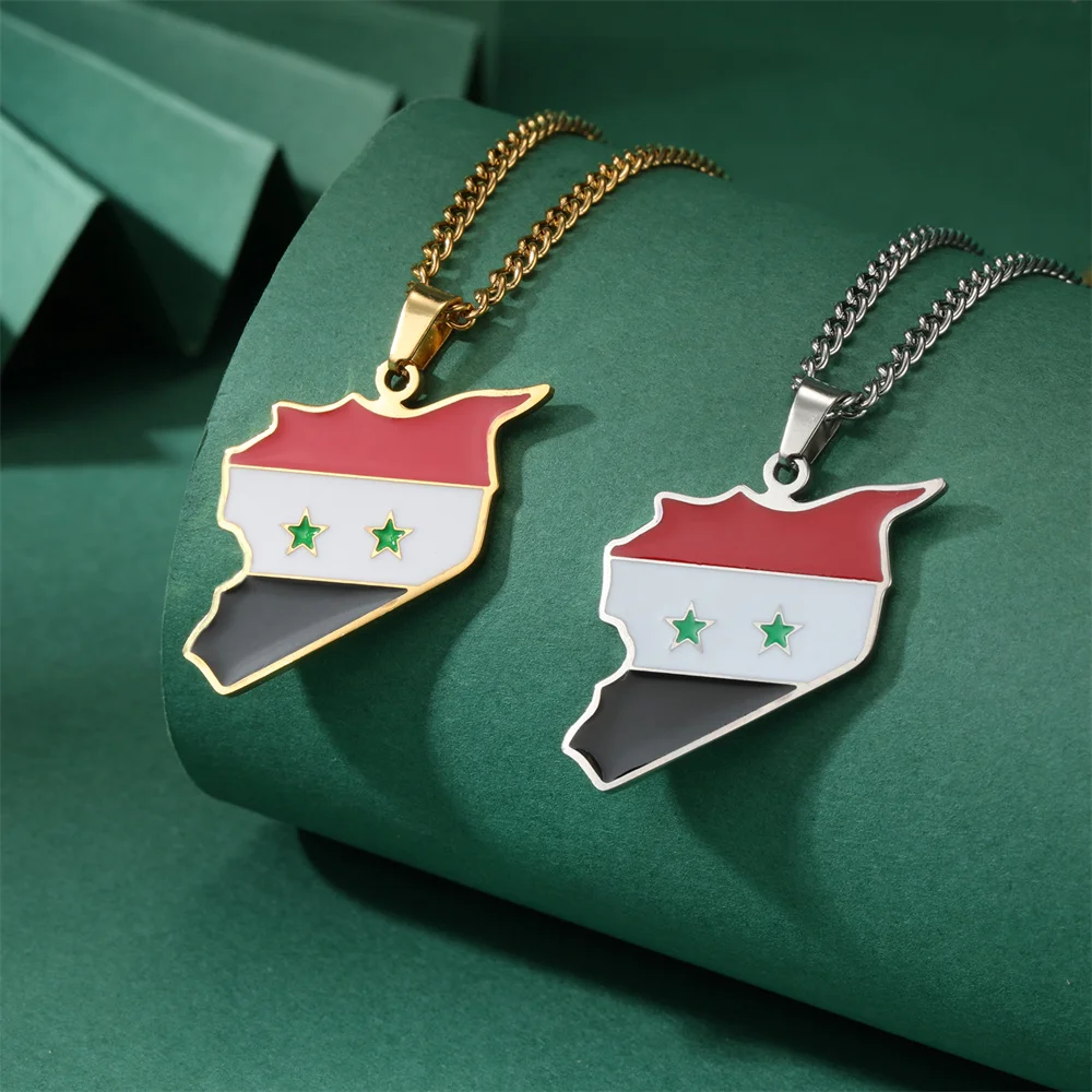 Jeshayuan Syria Map Necklace For Women Men Chains Choker Stainless Steel Middle East Regional Syria Map Flag Pendant Necklaces