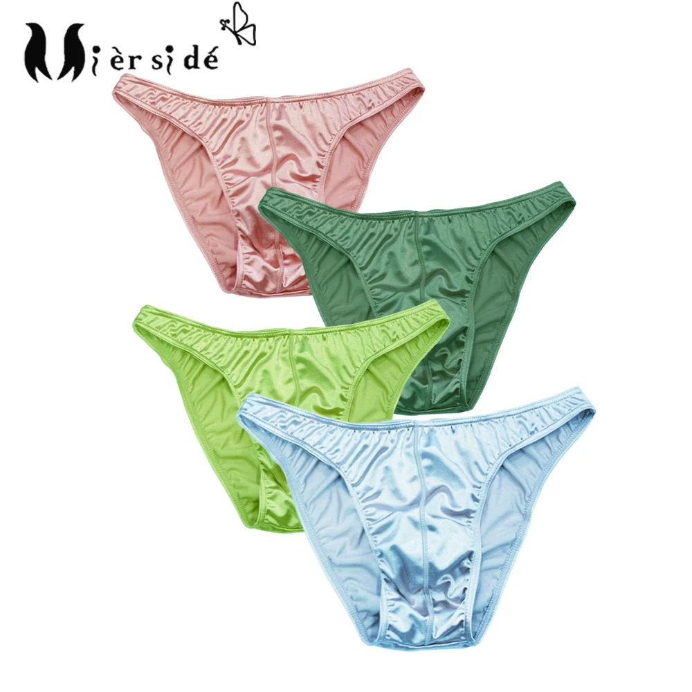 Mierside 4Pcs/Bag Men\'s Low Waist T-Back G-String&Briefs Sexy Satin Silky Underwear Breathable Panties Large Size Underpants Man