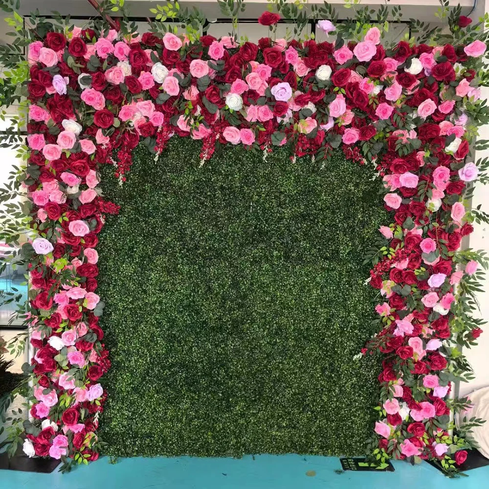 

Wedding Party Backdrop Fake Flower Row Cloth Silk Rose Pink Flower Runner Artificial Hanging 3D Arch Flower Wall for Sale