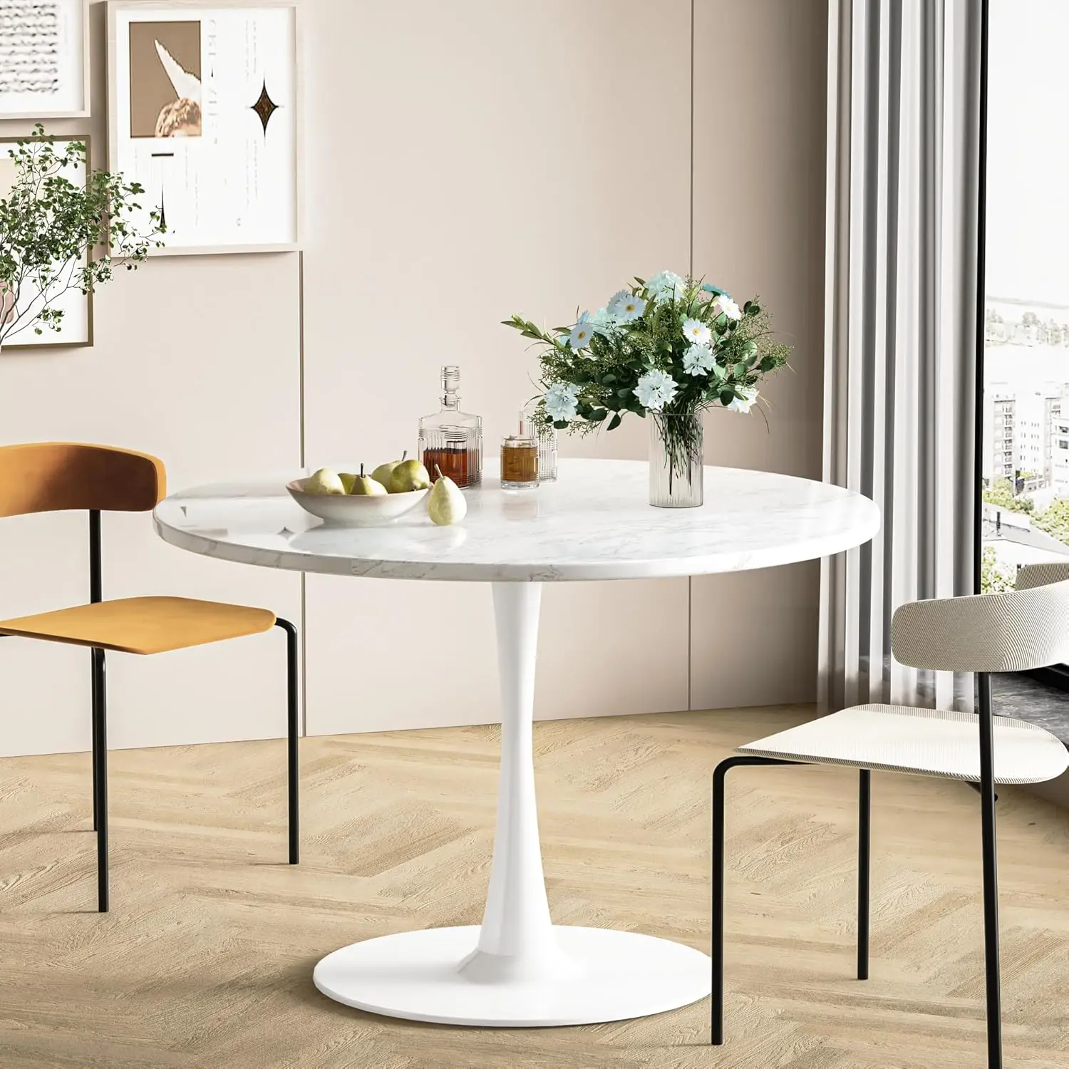 White Marble Round Dining Table, 31.5" Tulip Table Kitchen Dining Table 2-4 People with MDF Table Top & Pedestal Base, Mid-Centu
