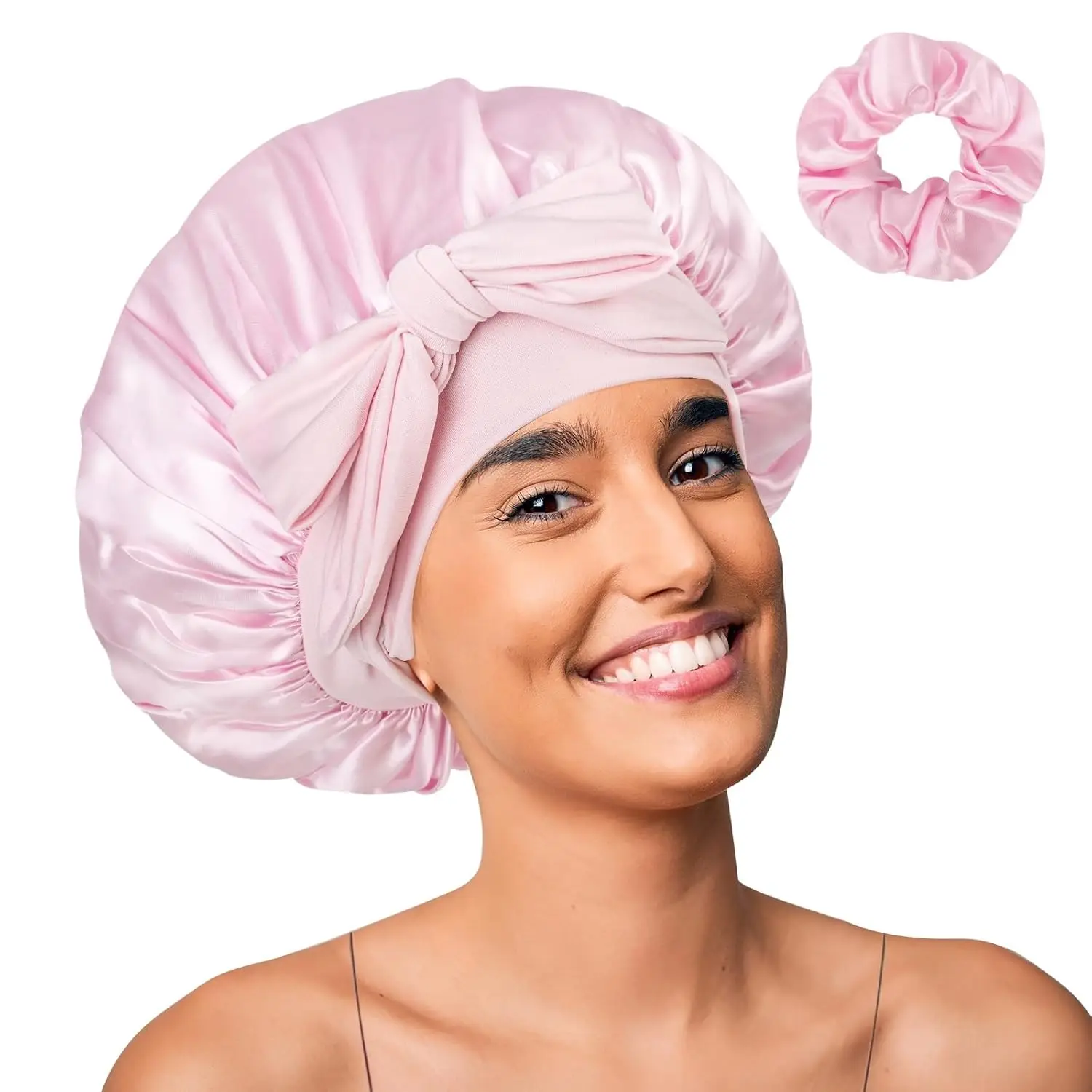 Satin Bonnet for Sleeping, Hair Bonnet Hair Cap with Satin Scrunchies for Women Curly Natural Hair (Pink)