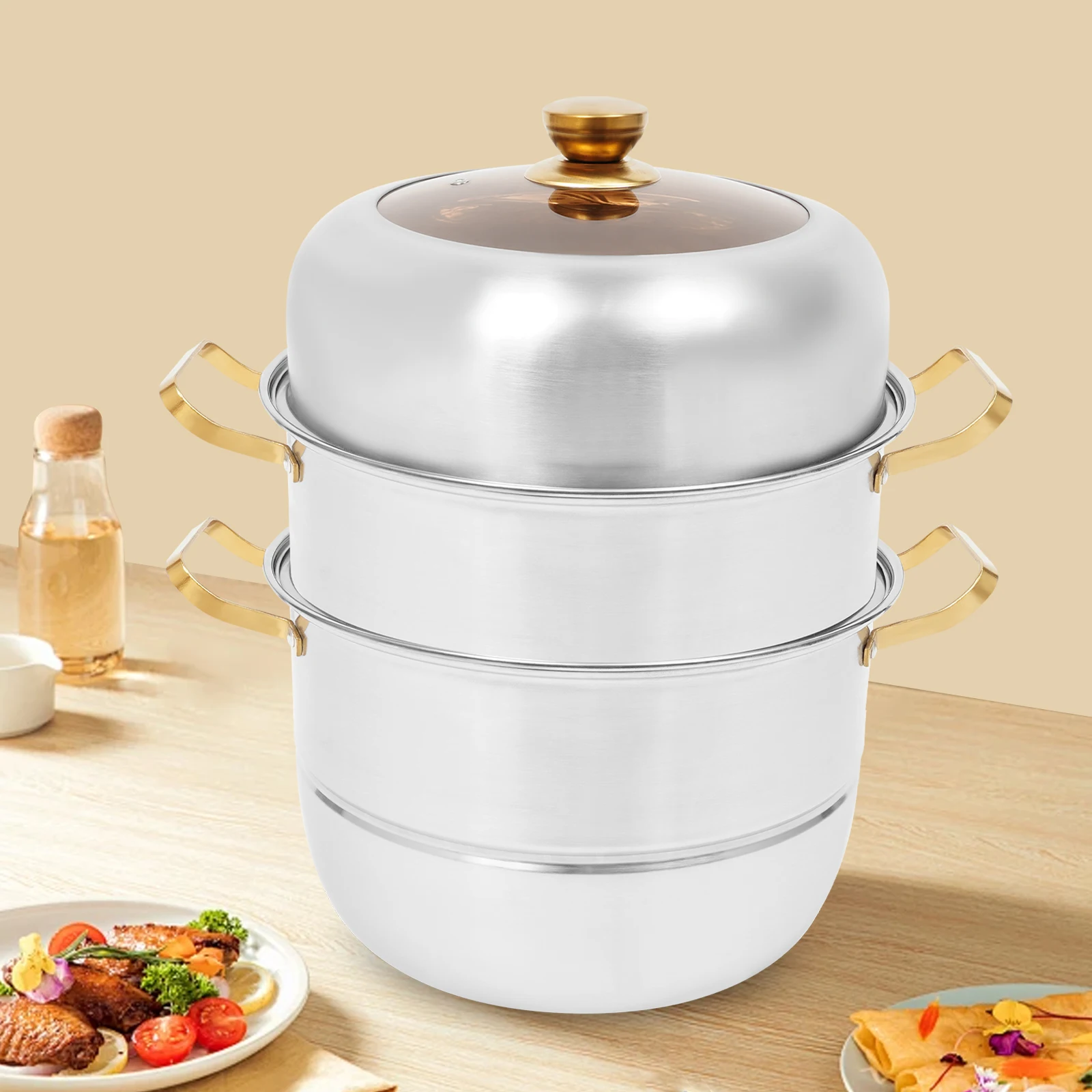 

3-Tier Stainless Steel Steam Cooker Tempered Glass Steam Cooker Washable Steamer Pot for Families Restaurants Hotels