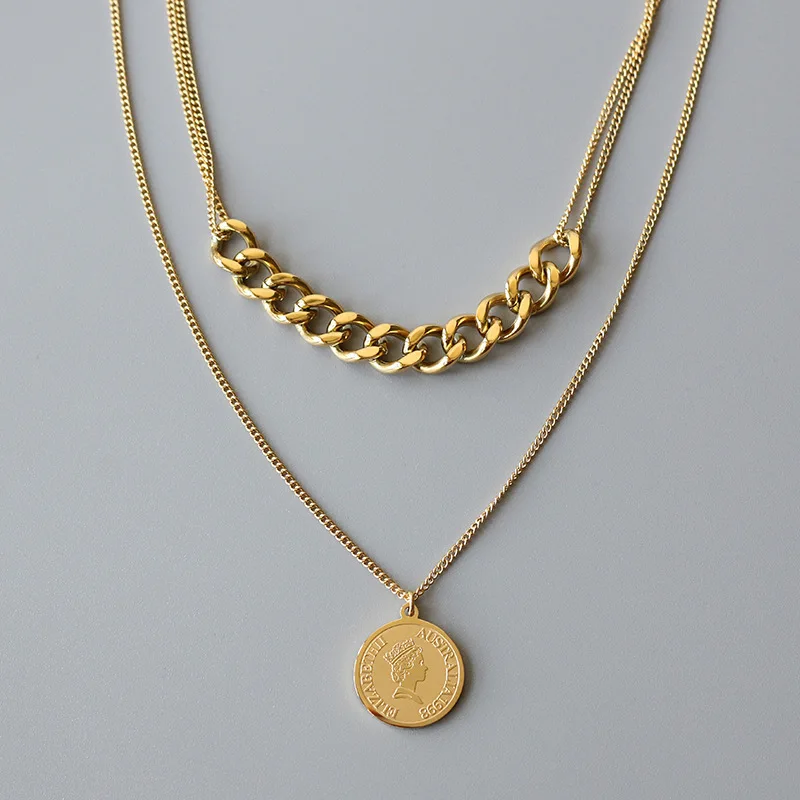 316L Stainless Steel New Fashion Fine Jewelry 2 Layer Vintage Queen Coin Charms Thick Chain Choker Necklaces Pendants For Women