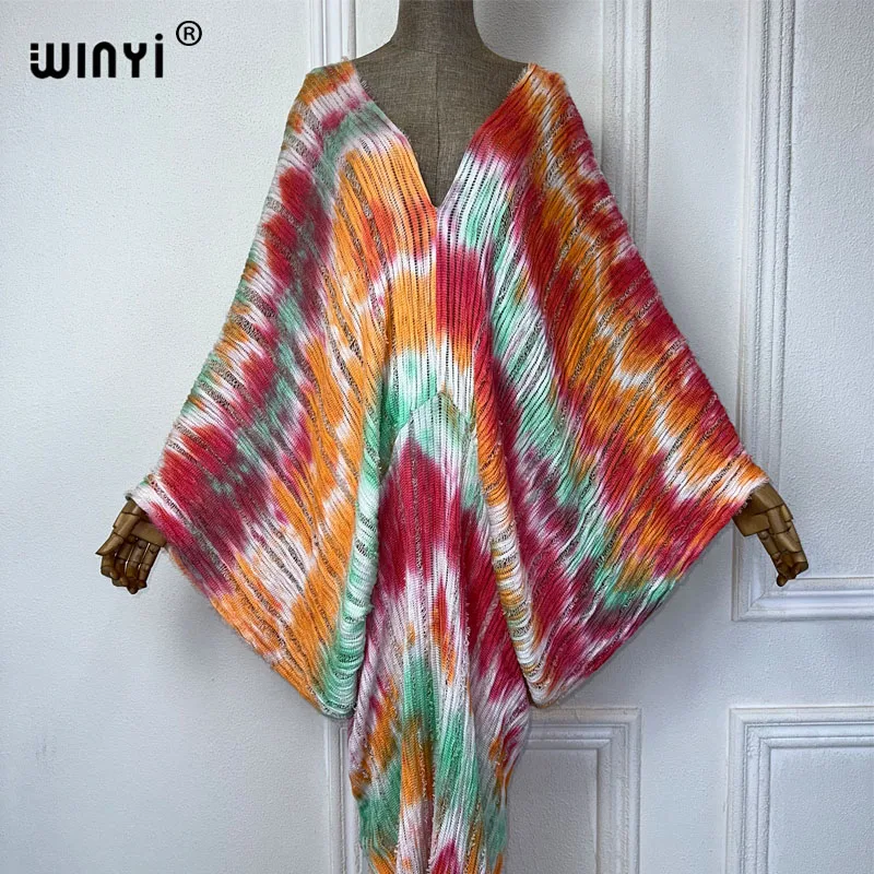 WINYI Original kaftan tie-dye summer v-neck Knitted hollow sexy beach cover up dress Elegant Floor-sweeping evening dress Women