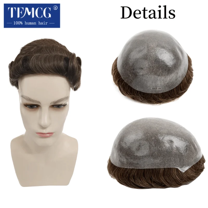 Men\'s capillary prosthesis With Knot 0.1mm Pu Base Men Toupee Remy Indian Hair Replacement System 100% Natural Human Hairpieces