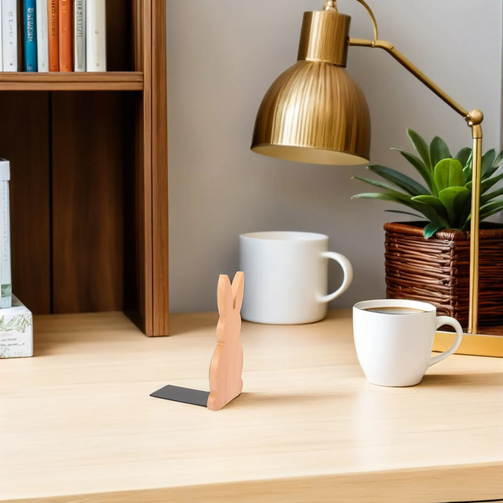 2Pcs Wooden Bunny Bookend Decorative Book Holder Stand Non-Slip Bottom Book Rack Organizer for Desktop Office Study Bookshelf