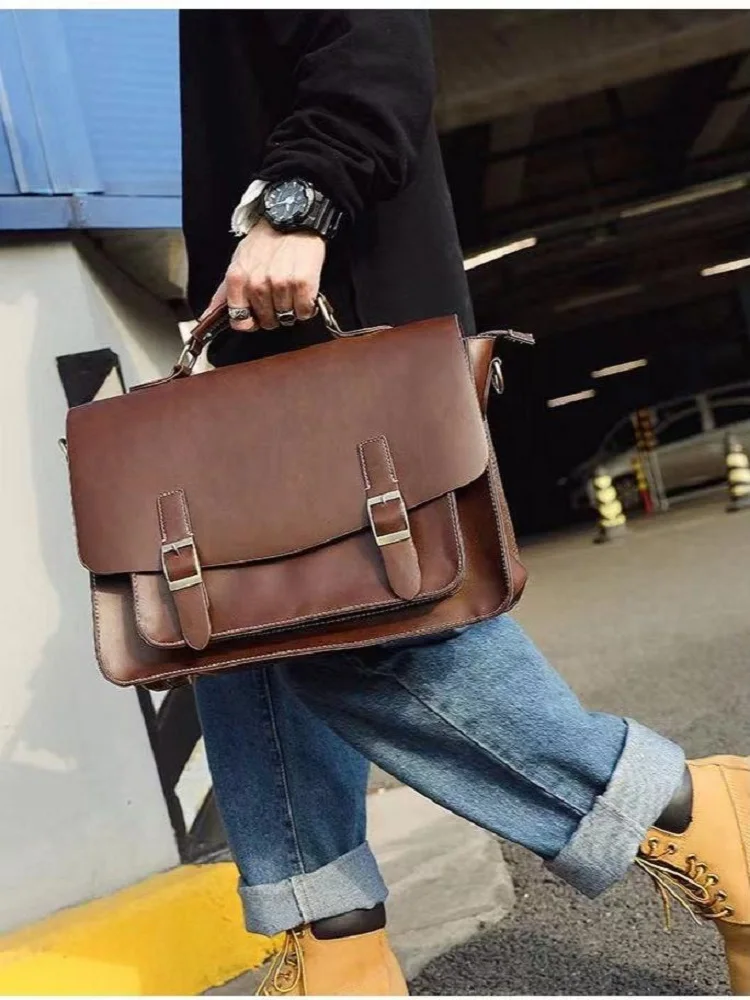 Vintage Leather Briefcase for Men Large Capacity Tote Handbag Laptop Bag Casual Man Shoulder Satchel Business Work Travel Bags