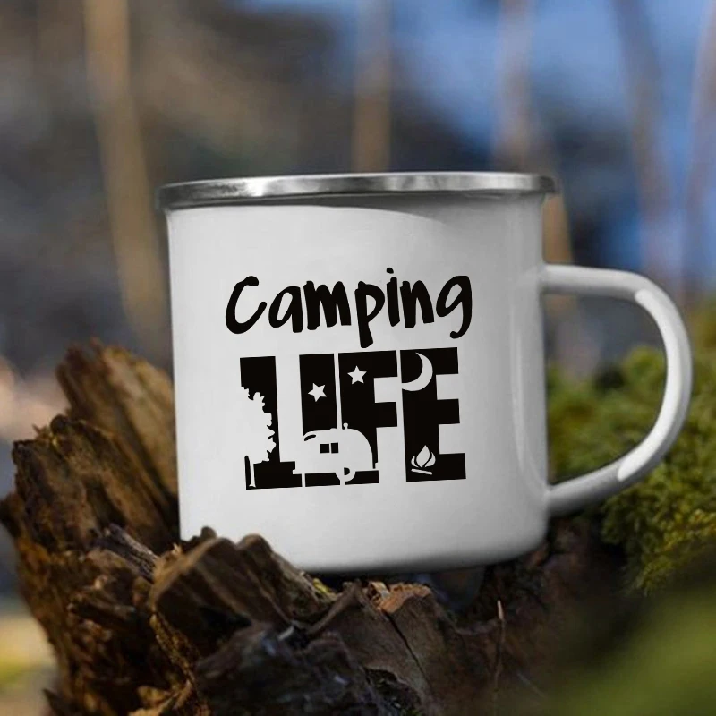 Enamel Camping Cups Adventure Awaits Camping Mugs Happy Campers Campfire Cup Outdoor Campervan Coffee Handle Mug Camper Van Gift